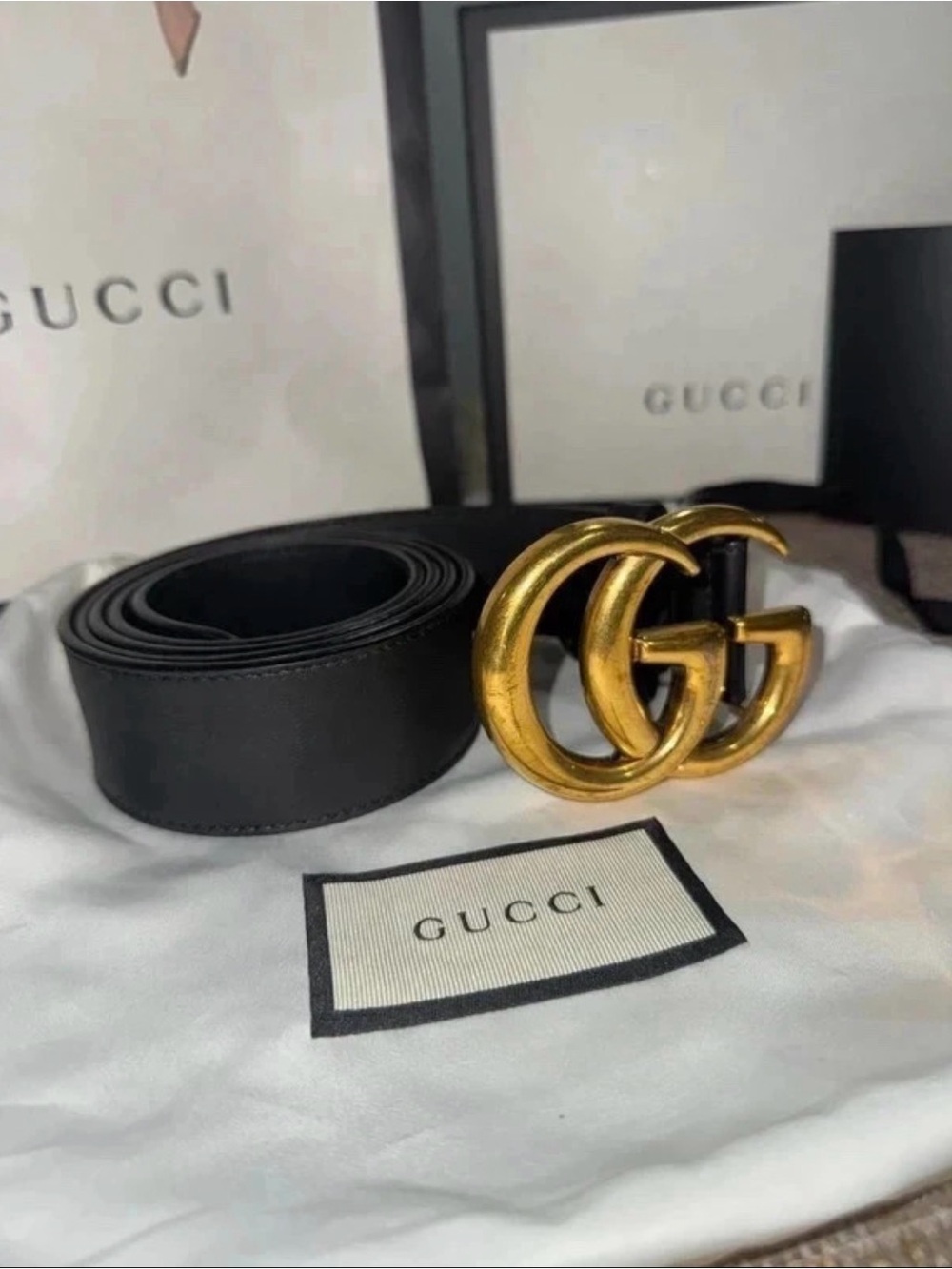 Gucci Black Leather Belt with Gold Double G Logo Buckle